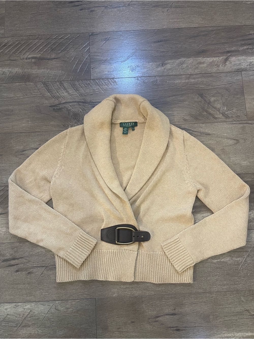 Lauren Ralph Lauren Petite Cotton Shawl Collar Buckle Cardigan Sweater P/S Beige
